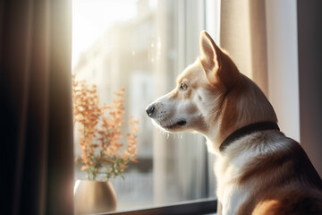 Bored pet dog looking out from glass window of high rise home apartment with morning sun rays, Created with Generative AI technology.