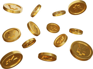 Golden falling yuan coins 3d render illustration	