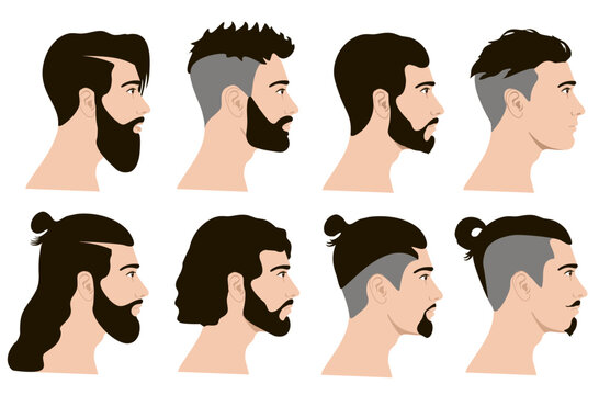 Portraits of hipster man set. Men hair style. Side bearded face. Barber shop. Design elements male heads in cartoon style on a white background.