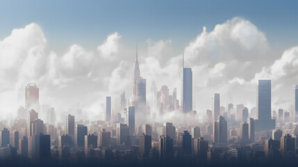 many skyscrapers in the city. skyline. smog fog midday. Generative AI