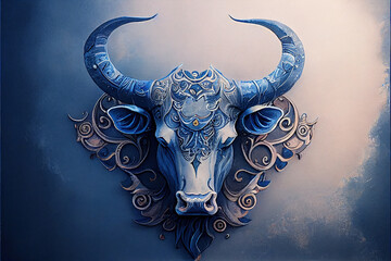 Contemporary abstract zodiac sign of taurus dark blue horoscope symbol with astrology icon. Realistic magical bull head decorative ornament design. Superb Generative AI