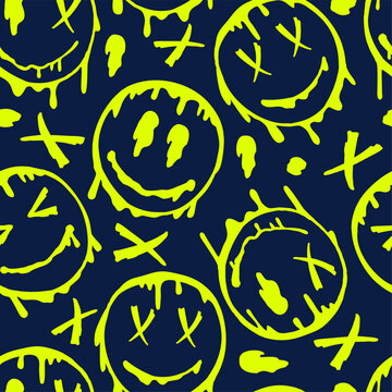 Smile flowing smiling face seamless pattern. Seamless distorted melting smiley face illustration pattern. Wallpaper or wrapping paper
