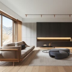 3d rendering of modern living room interior with mountain view. Generative AI, digital art