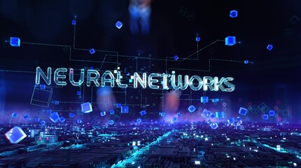 Neural networks- businessman working with virtual reality at night office.