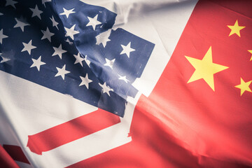 Fototapeta premium Concept of US and China conflict with flags of the two nation collide. Created with Generative AI technology.