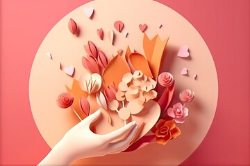  hand holding with flowers, florist making flower bouquet. paper cut design.Generative AI