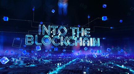 Into The Blockchain- businessman working and touching with augmented virtual reality at night office