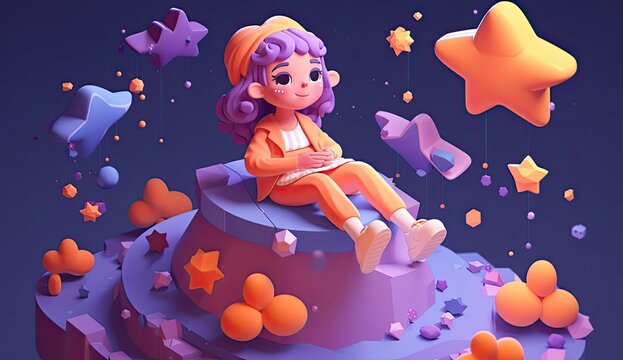 Kid child girl dreaming and sitting in space and future. Generative AI