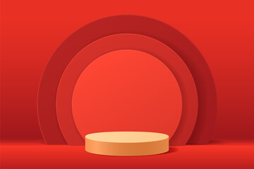 Gold 3d cylinder pedestal with red abstract scene for show product presentation background