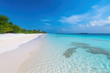 Beautiful white sand beach, turquoise ocean and blue sky with clouds on a sunny day. Summer tropical landscape, panoramic view.Generative AI