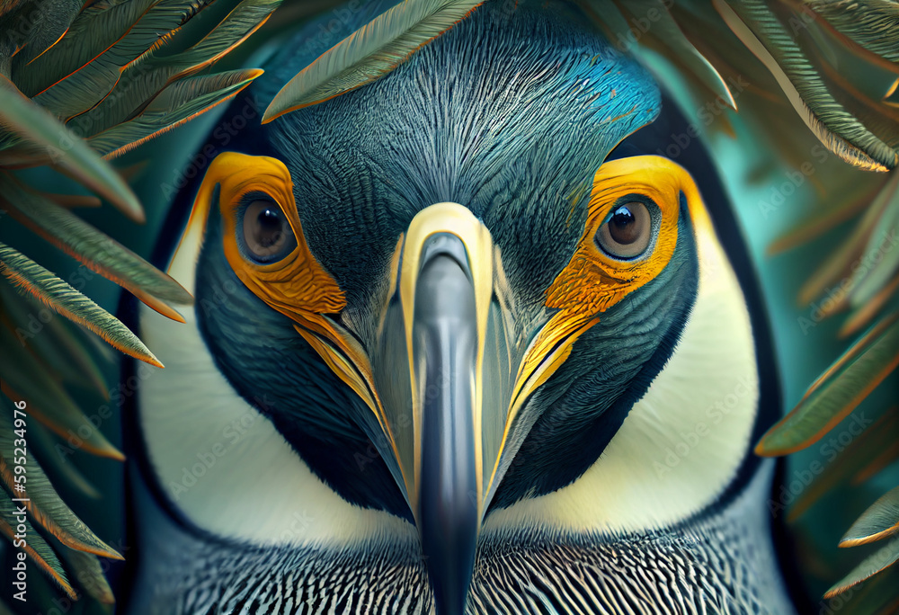 Poster beautiful abstract, emperor penguin on autumn leaves background. generative ai technology.