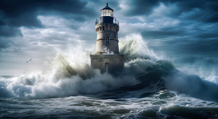 Stormy high waves over the lighthouse on a cloudy day. Generative AI