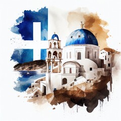 Greece in watercolor style by Generative AI - obrazy, fototapety, plakaty