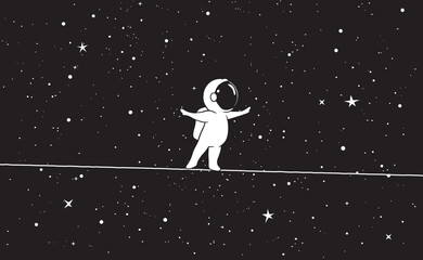 Cute astronaut walks on a tighrope in space - 595235151