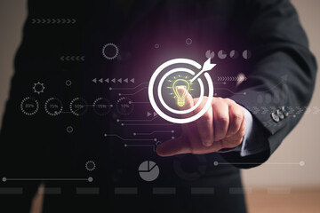 Businessman holding light bulb with ideas shining bright. innovation concept idea and inspiration. Industry, banking, finance, business, technology.