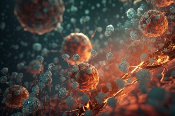 Fototapeta na wymiar 3D medical backdrop featuring abstract measles virus cells. Generative AI