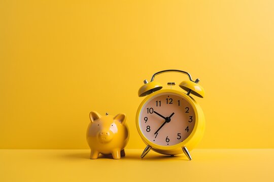 Yellow alarm clock and a pig on a yellow background from generative ai