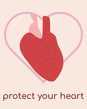 Poster with the image of the heart for medical institutions. Medicine for people. Human heart. Treatment and protection of the heart. Vector flat image of a heart for posters, business cards, banners.