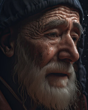 Ultra close up Portr&auml;t eines alten Mannes mit faltigem Gesicht. Alter Mann mit Charaktergesicht. Mann mit starken Falten und Schweissperlen. KI generiert