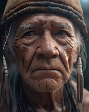 Close up Portr&auml;t eines alten indigenen Mannes mit faltigem Gesicht. Alter Indianer mit Schmuck. Mann mit starken Falten und Schweissperlen. KI generiert