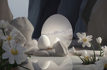 white egg on top of rocks with flowers created using Generative AI