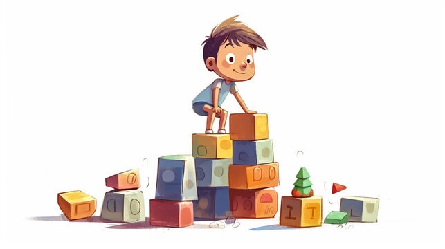 Cartoon illustration of kindergarten child playing with blocks on white background