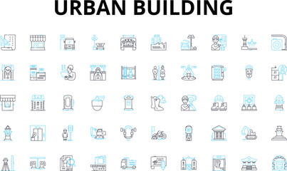 Urban building linear icons set. Skyscraper, Tower, High-rise, Condominium, Apartment, Loft, Penthouse vector symbols and line concept signs. Office,Retail,Mixed-use illustration
