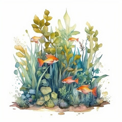watercolour aquarium full of tropical fish and aqua , Generative AI
