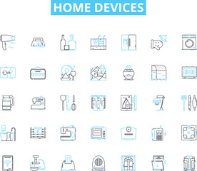 Home devices linear icons set. Smart, Automation, Security, Efficiency, Connected, Convenience, Energy-saving line vector and concept signs. Comfort,Innovative,User-friendly outline illustrations