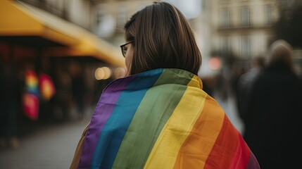 A woman wearing a rainbow flag shawl walks on a street, pride month, lgbtqia+ ,fictional person, ai generated person, generative ai