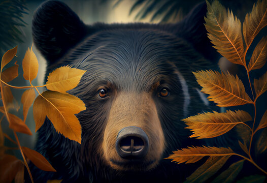 Beautiful abstract, American Black Bear on autumn leaves background. Generative AI technology.
