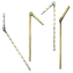 Hand drawn watercolor elements. Assorted striped and colored party cocktail straws. Isolated on white background. Design wall art, wedding, print, fabric, cover, card, tourism, travel booklet.