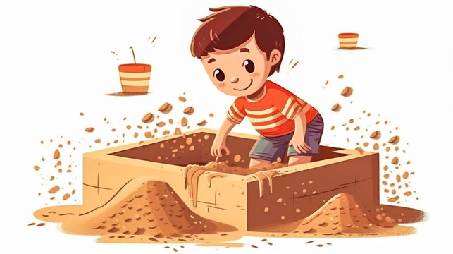 Cartoon illustration of kindergarten child playing in sandbox on white background