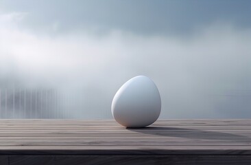 an egg shaped photo on a wooden platform near a blue sky