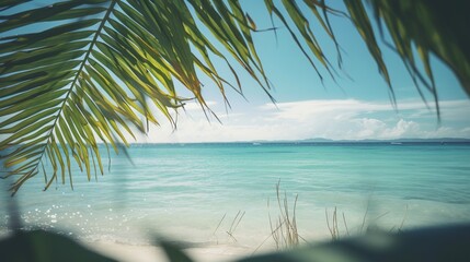 Naklejka na ściany i meble Tropical summer seascape with palm leaves, beach and paradise ocean. Vacation and travel backdrop. Generative AI