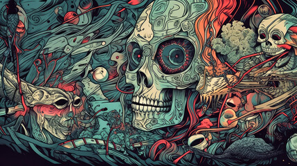 Surreal crazy horror skull background illustration - Generative AI