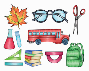 Back to school stationery vector illustration, education items illustration on white background