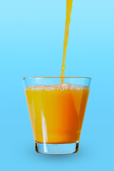 pouring orange juice on a blue background.