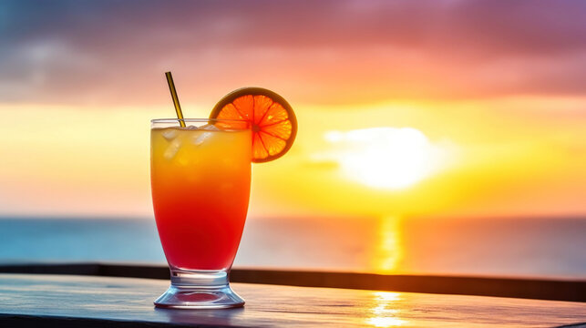 Tequilla Sunrise cocktail on background with blue sea and sunrise sky tropical background. Generative AI