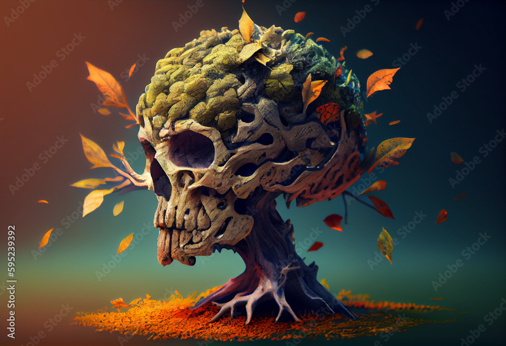 Poster beautiful abstract, zombie on autumn leaves background. generative ai technology.
