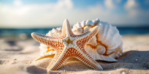 Fototapeta na wymiar Beautiful sand beach with a starfish and seashells AI generative art