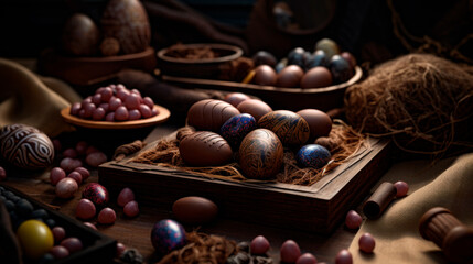 Chocolate Easter eggs on wooden background. Generative AI