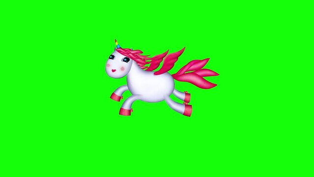 Single happy, beautiful unicorn on green screen 4K. White and pink cartoon unicorn flying. Seamless loop blinking eyes. Good for background, fairy tales, etc...