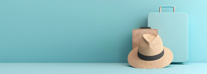 Blue travel suitcase with straw hat, on light blue background. Trip concept. Generative AI