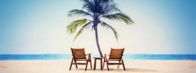 Two beach chair on beautiful tropical beach. Travel paradise concept. Generative AI