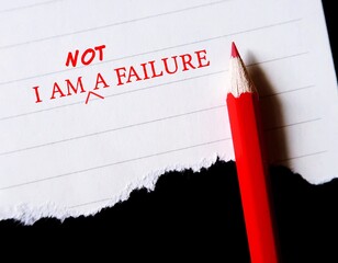 Red pencil correct message on note paper from I AM A FAILURE to I AM NOT A FAILURE - affirmation...