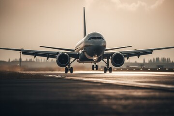 Fototapeta na wymiar A plane touching down on a runway. Generative AI