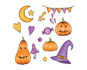 Hand-drawn Halloween element set, Halloween element vector illustration