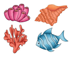 Sea life sea creature collection set, sea animals vector collection