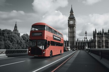 Obraz na płótnie Canvas Red bus on Westminster Bridge by Big Ben in London, UK. Monochrome. Generative AI